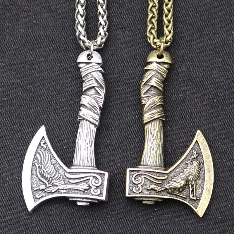 Trendy Retro Crow Prairie Wolf Double Sided Viking Tomahawk Pendant Necklace Charm Men's Necklace Metal Accessorie Party Jewelry