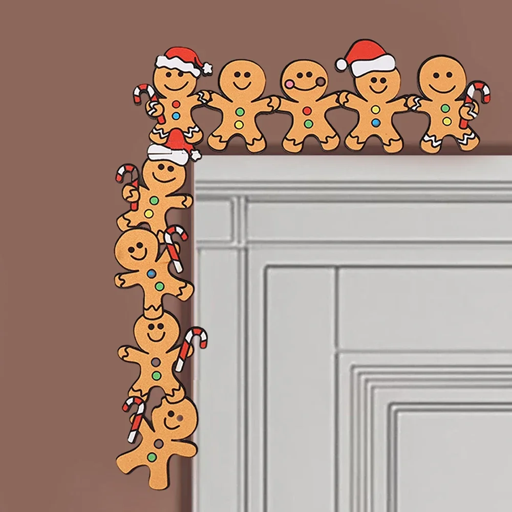 Wood Gingerbread Man Christmas Door Corner Decoration Wooden Frame with Santa Hats and Cane Christmas Party Decorations
