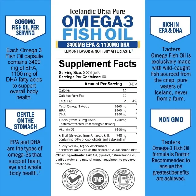 858-400242.jpg Omega-3 Fish Oil Supplement - Rich in EPA+DHA, Lutein, Supports Heart, Brain & Joint Health, Antioxidant, 120 Capsules