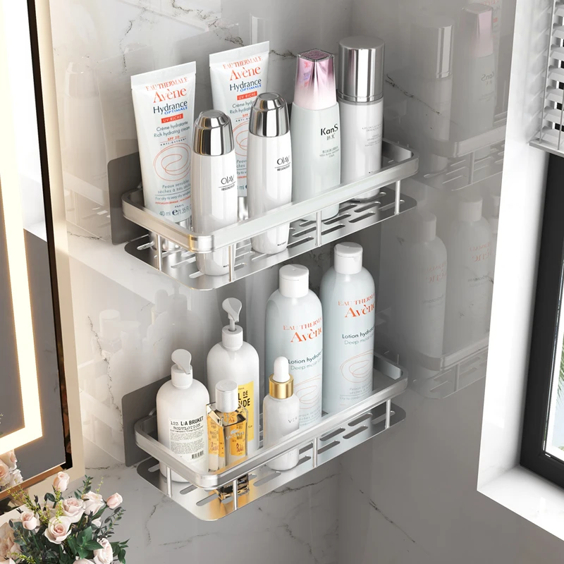 Bathroom Shelf No Drilling Sticker Wall Mounted Rack Hanger Space Aluminum Makeup Organizer Storage Square Basket Bath Shelves storage rack bathroom shelf bathroom shelf rack bathroom storage rack wall shelf organizer wall shelf