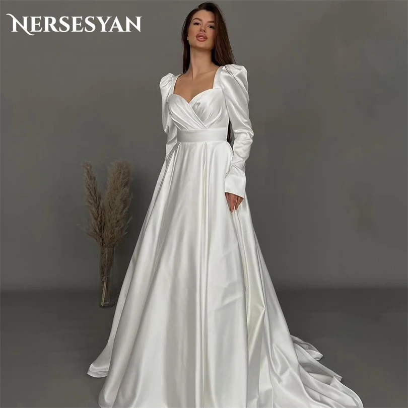 

Nersesyan Luxury Satin Formal Evening Dresses Long Puff Sleeves Pleated Bridal Gown A Line Draped Modern Vestidos De Novia 2023