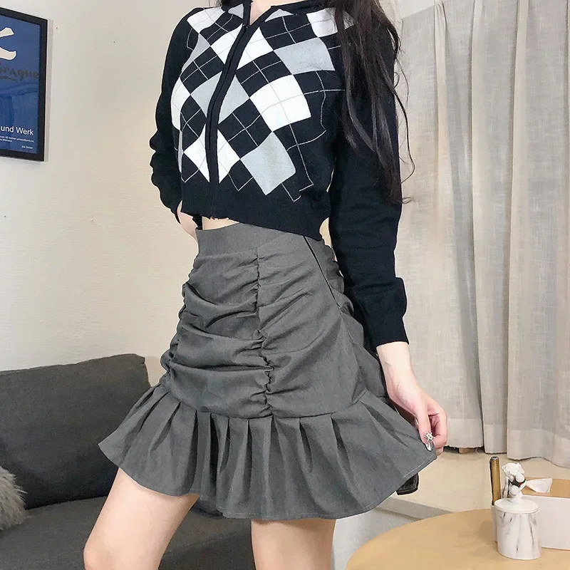 2024 College Style Harajuku 2024 High-waisted Pleated Zippered Skirt Solid Color Ruffled Half-length Short Hip Fishtail Skirt