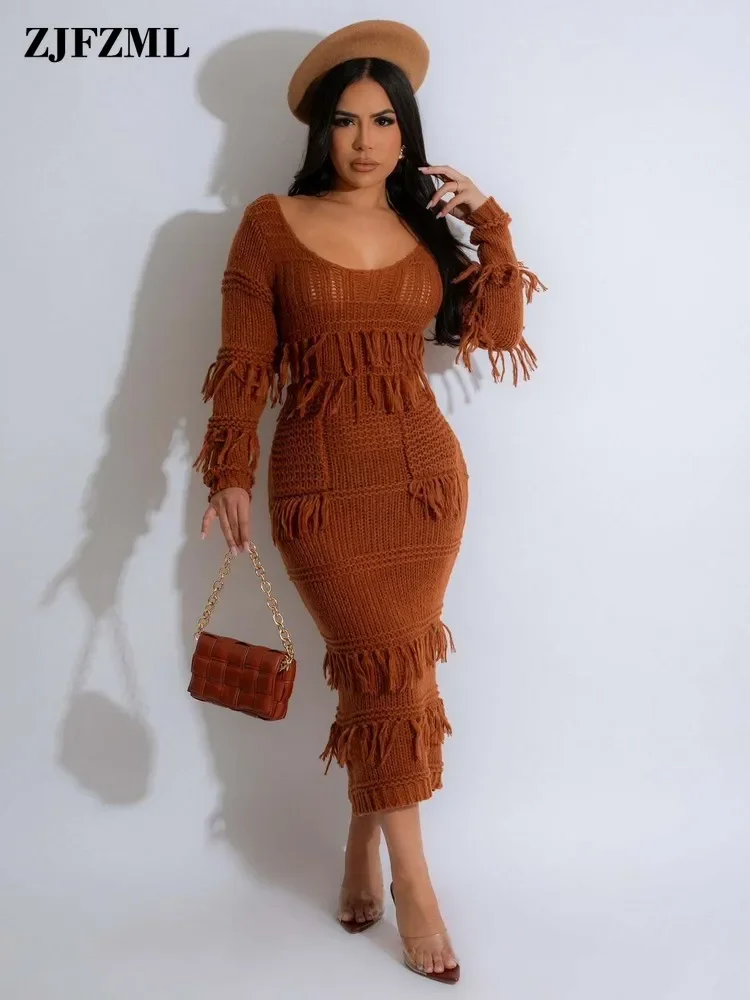 

Autumn Fashion Cute Solid Knitted Tassels Bodycon Long Dresses Sexy Work Office Clothing For Female Round Neckline Casual Dress
