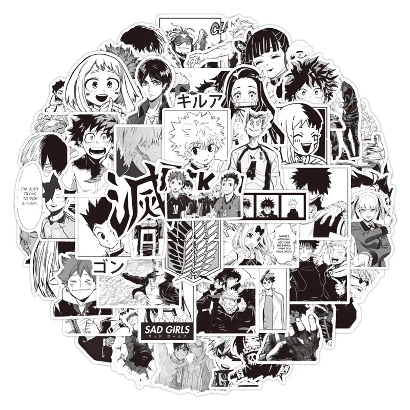 

10/50Pcs Classic Anime Mixed Black and White Stickers Suitcase Skateboard Laptop Luggage Phone Stickers Decal Kids Gift