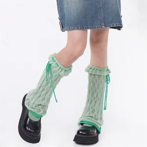 New Fashion Women Thin Knit Leg Warmers Tie-Up Hollow-Out Super Soft Boots Shoes Cuffs Covers Spring Summer Dopamine Boot Cover
