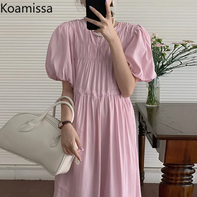 

Koamissa Fashion Women Solid Midi Dress Short Sleeves O-neck Lady Slim Folds A Line Vestidos Korean Loose Femme Robes De Mujer