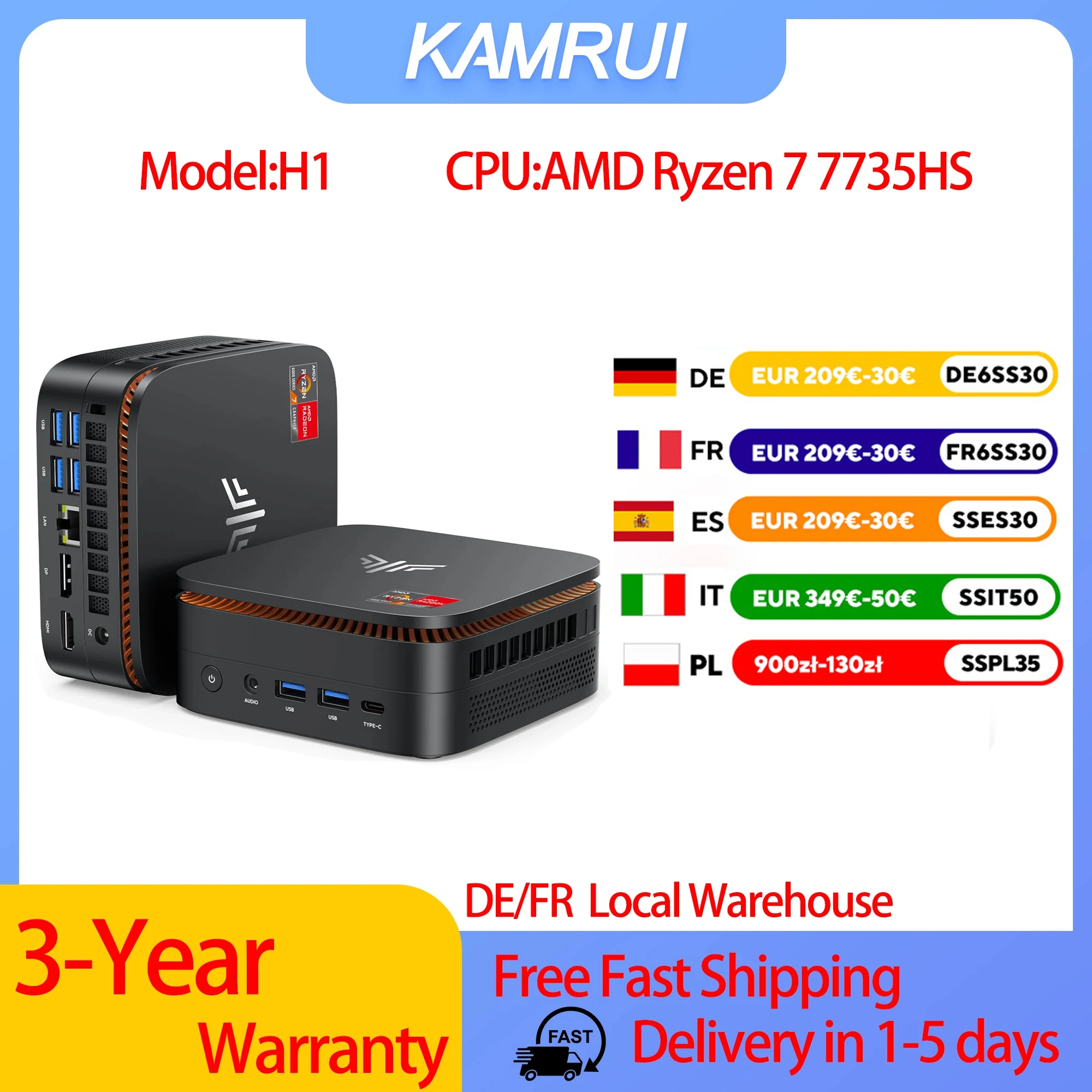 KAMRUI H1 Mini Komputer do Gier AMD Ryzen 7 7735HS 24GB LPDDR5 RAM 1TB SSD Mini PC z EU za $313.28 / ~1165zł