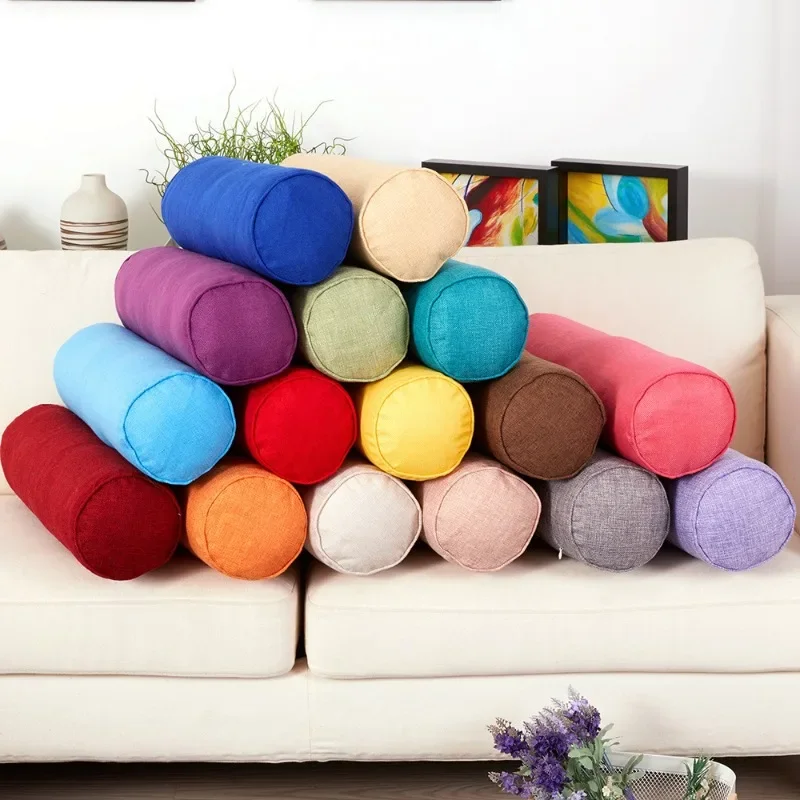 Solid Color Cotton and Linen Cylindrical Lumbar Backrest Office Sofa Headboard Cushion Removable and Washable Candy Pillow