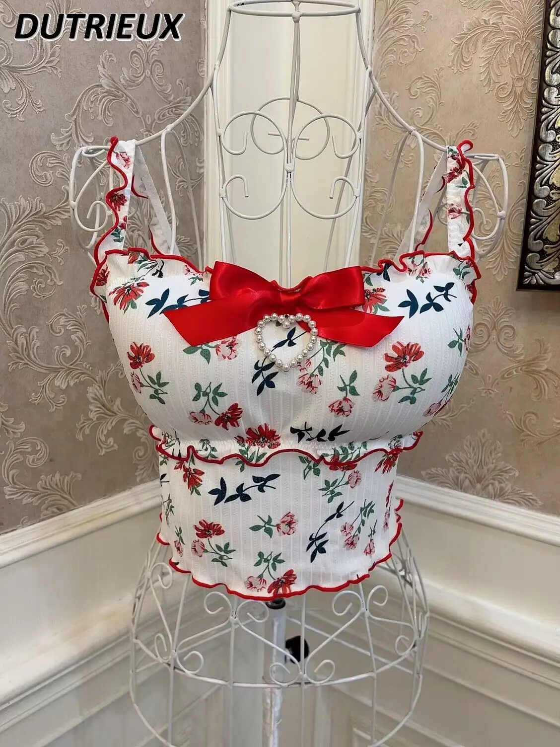 

Lolita Girl Red Flowers Bow Love Wooden Ear Vest Camisole Women Female Sexy Cropped Top Padded Strap Top Y2k Style Clothes