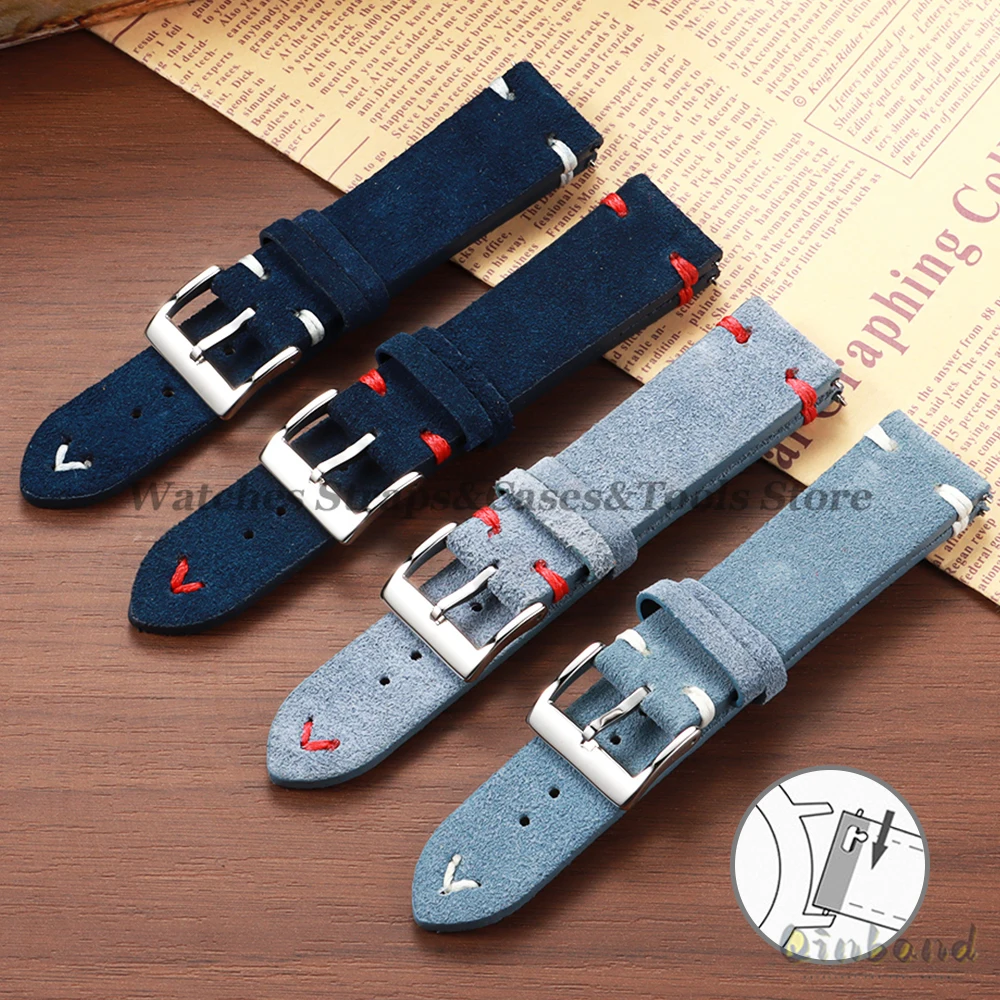 Blue Suede Leather Vintage Watch Strap with Quick Release