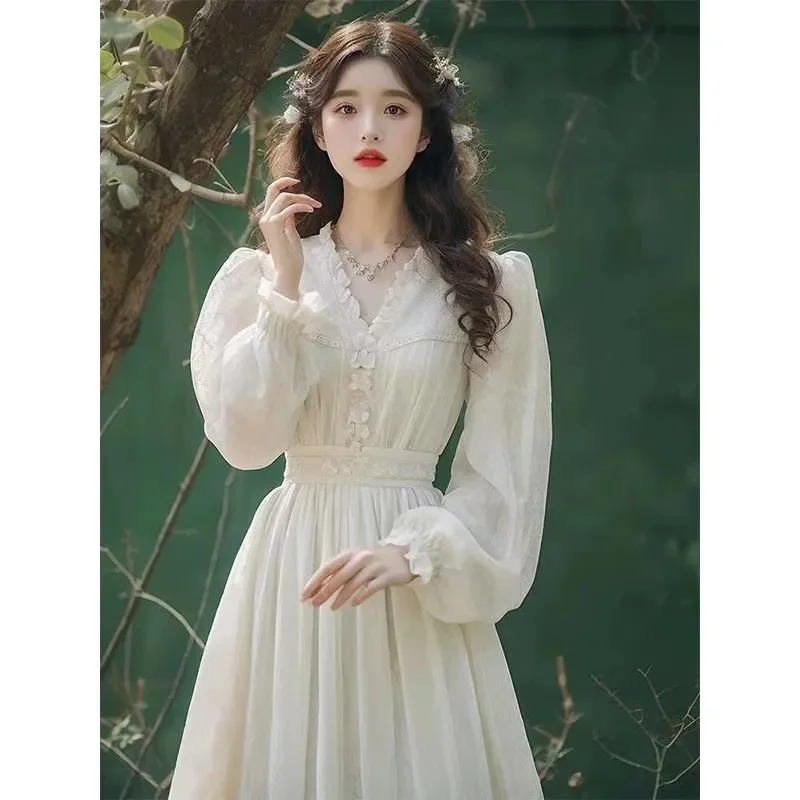 Thick French Style Floral White Dress With Added Velvet Winter 2025 New Women's Clothing Princess Ancient Jacquard Dress XXXL