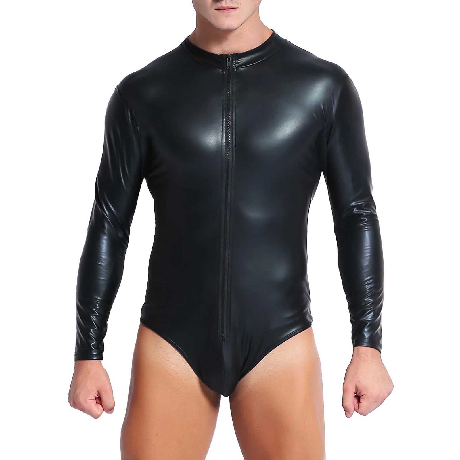 Mens Black Latex Zipper Faux Leather Long Sleeve Jumpsuit Nightclub Stage Performance Pole Dancing Leotard Bodysuit pic