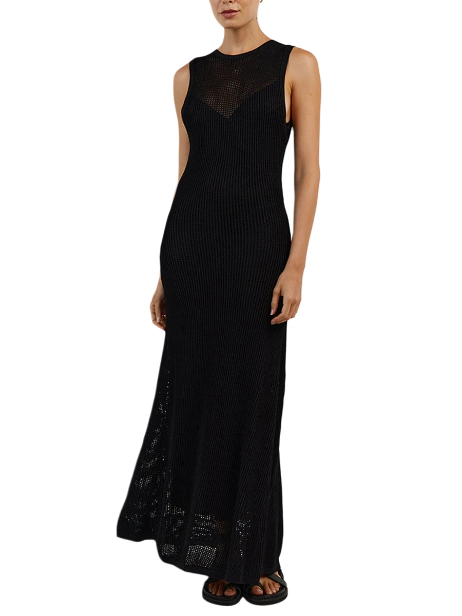 

Women s Summer Long Knit Beachwear Solid Color Sleeveless round neck Bikini Cover Up Dress