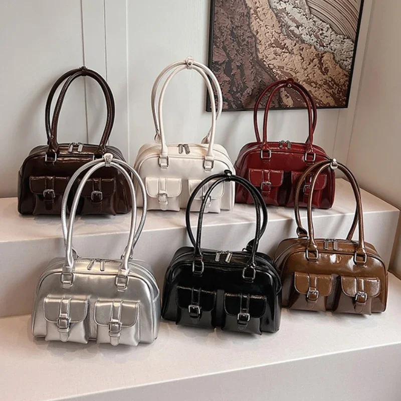 Retro PU Leather Double Pockets Underarm Bags For Women 2026 Winter Y2K New Korean Fashion Female Shoulder Bag Stylish Handbags