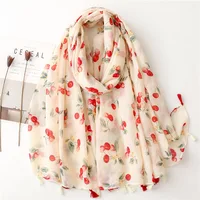Fashion Women Spring Autumn Viscose Scarf Shawl Small Cherry Floral Tassel Pashmina Stole Wrap Echarpe Foulard Muslim Hijab Caps 1