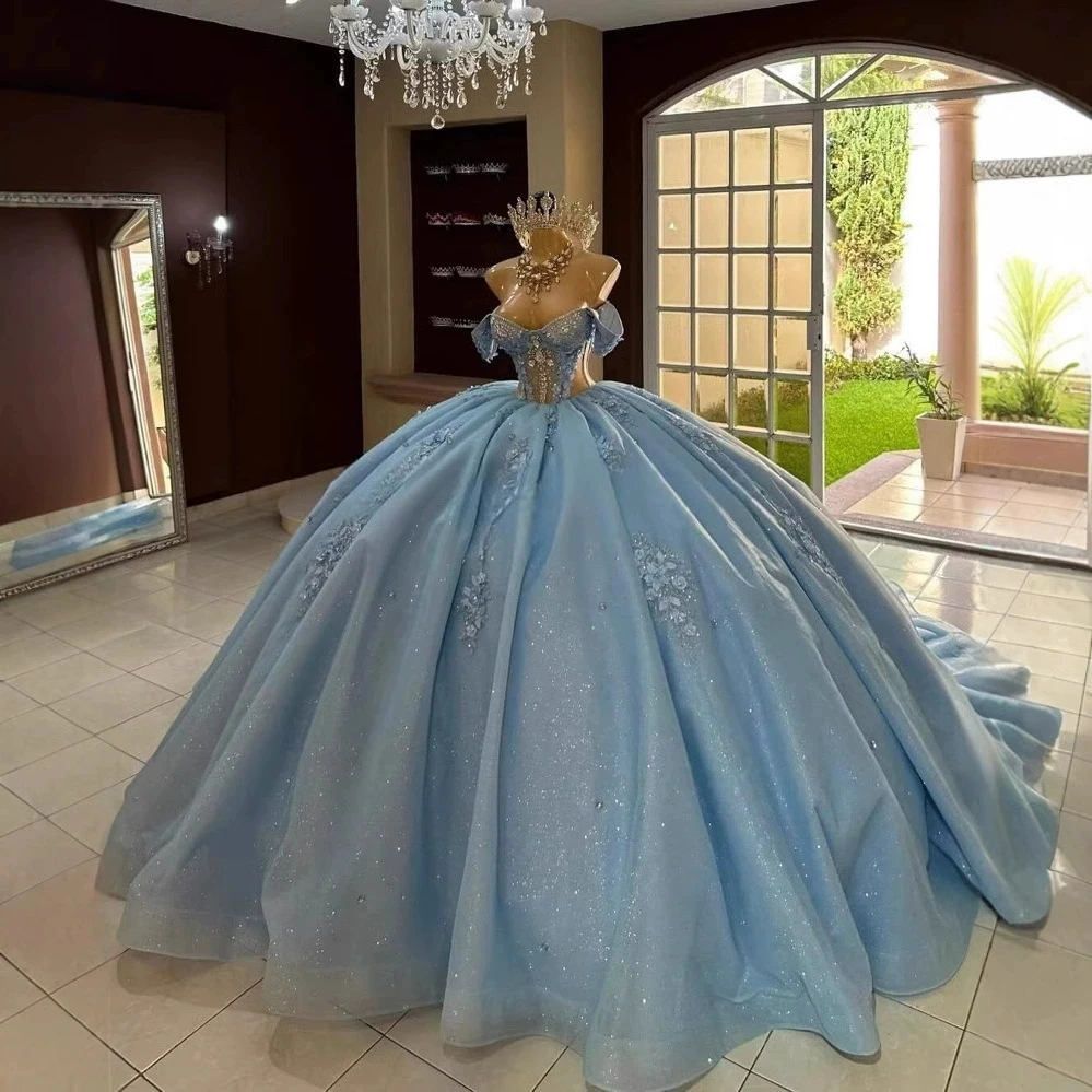 BOMARIS Blue Ball Gown Quinceanera Dresses Sexy Off Shoulder Cinderella Birthday Vestidos De 15 Anos XV Party Gowns Customized
