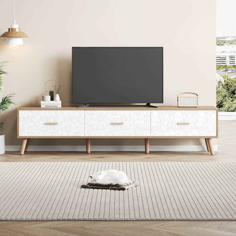 Vintage-TV-Ständer, TV-Schrank, TV-Tisch aus Holz – Wohnzimmer, Schlafzimmer, helles Holz, Vintage-Maserung, weiße Türverkleidung, 150 x 35 x 39 cm – Detail 12