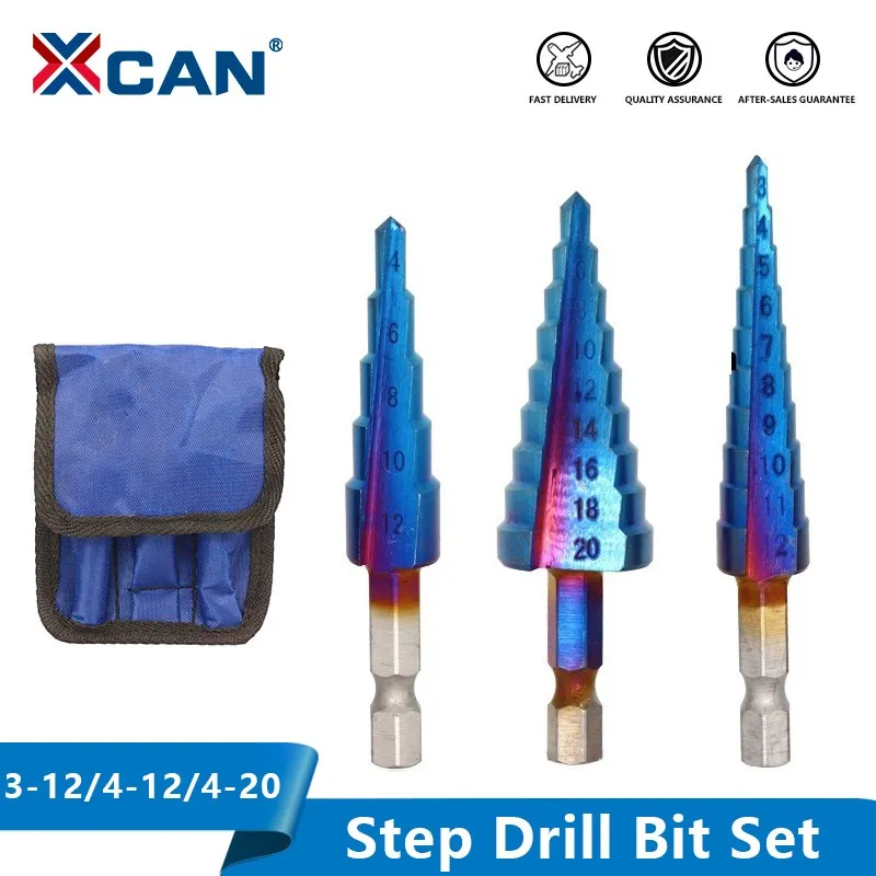 XCAN Step Drill Bit 3-12/4-12/4-20mm HSS Cone Drill Bit 3pcs Nano Blue Coated Metal Stepped Drill Straight Core Drilling Tool 3pcs set step drill 4 32mm wooden straight groove hss cone titanium coating mini drill tool hole knife hexagonal handle