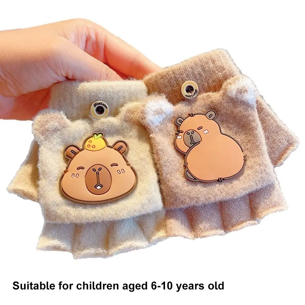 New 6-10 Years Old Half Finger Gloves Thickened Cute Capybara Winter Flip Gloves Elastic Cold-Proof Writing Gloves Outdoor