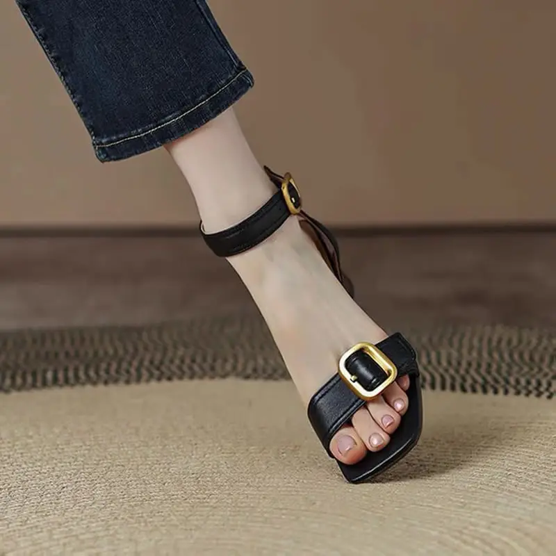 Women Metal Square Buckle High Heels Sandals Summer Square Toe Pumps for Women Vintage Buckle Lady Shoes Mid Heel Female Pumps