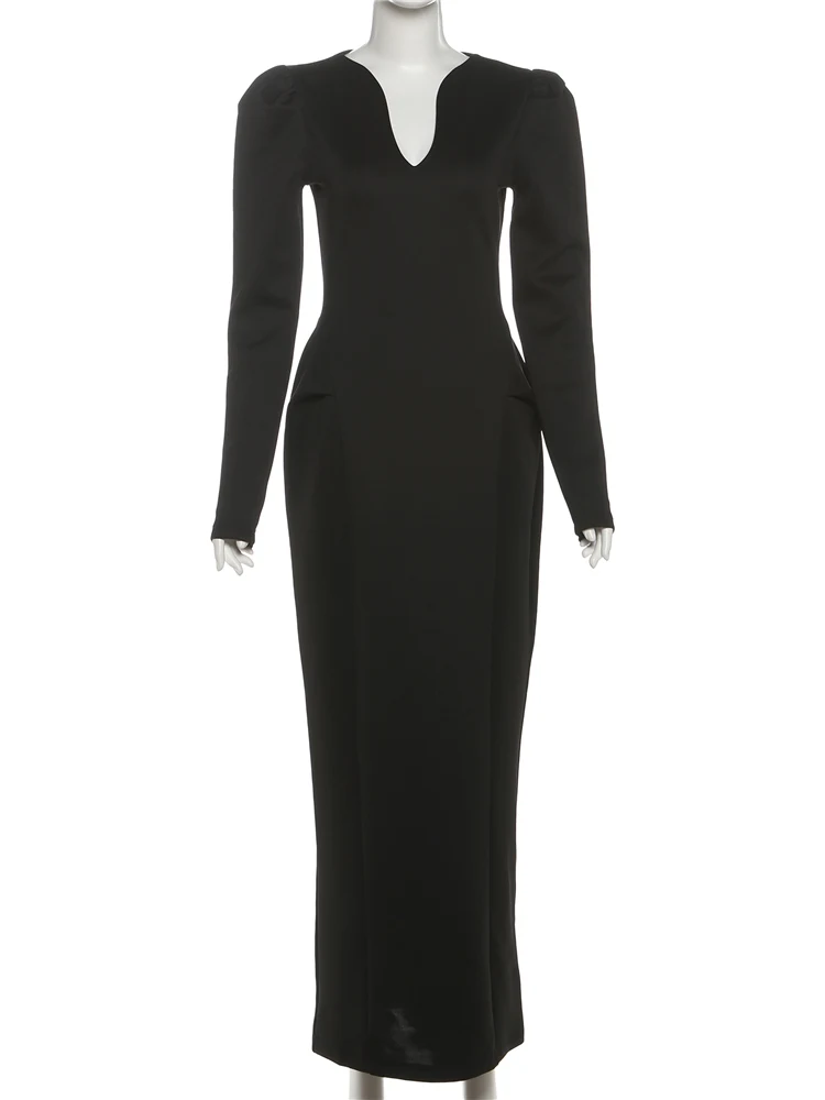 Nibber Basis v-Neck Maxi Dress Women Long Sleeve Solid Skinny Elegant Chic Autumn New Trend Simple Classic Prom Party Vestidos