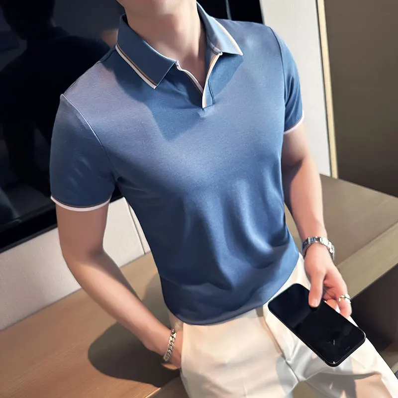 

2023 Summer New Boutique Cotton Polyester Mulberry Silk Fashion Contrast Color Men's Short Sleeve Polo Shirt Male Lapel T-shirt