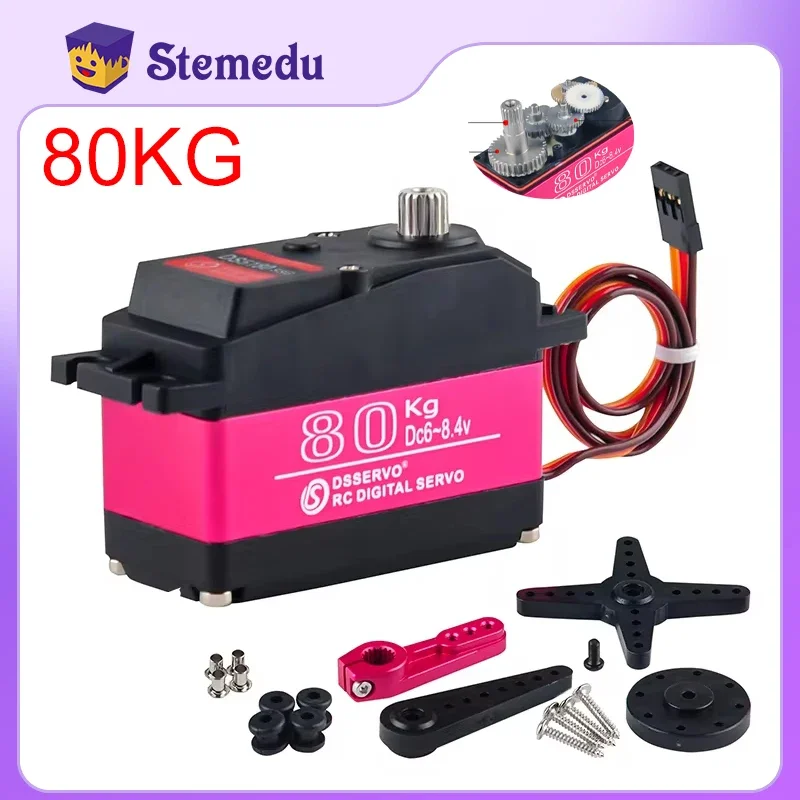 owootecc Servo DS5180 Servo-servomotor, hoog koppel, digitale servo DS5180, waterdicht metalen servo op schaal 1:10 voor R/C-autorobot, stuurhoek 270 ° (80 kg servo roze