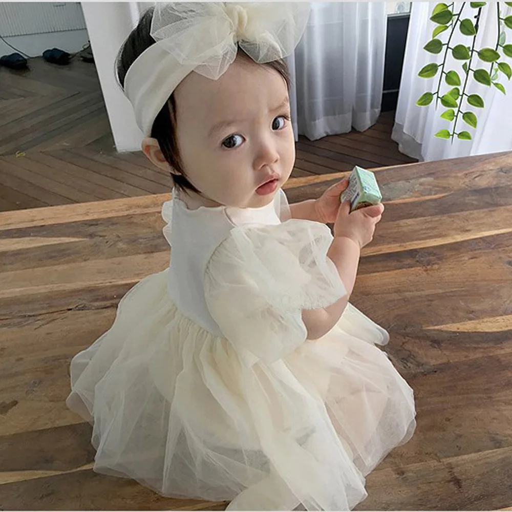 South Korea's same centenary princess short-sleeved climbing suit baby girl bubble sleeve puffy gauze skirt sister dress