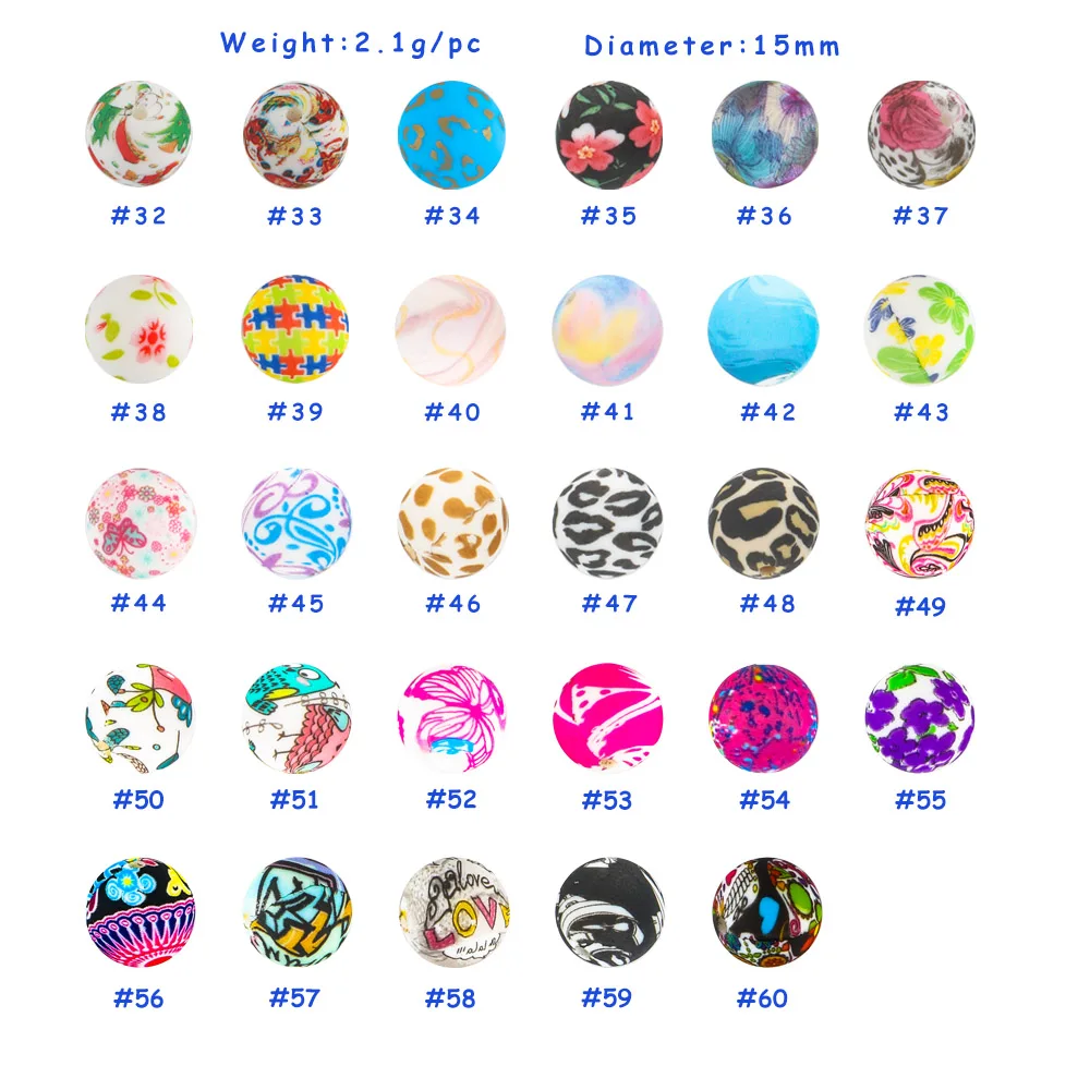 50~500pcs Wholesale 15mm Printed Silicone Bead Round Bead For Jewelry Making DIY Bracelet Necklace KeyChain Accessories