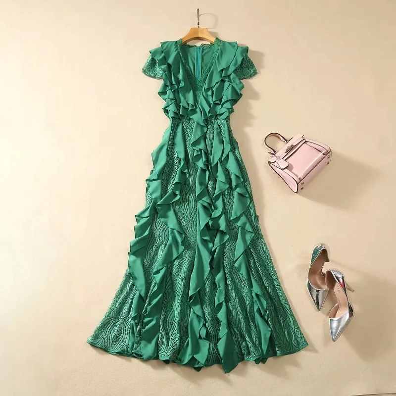 

High Quality New 2024 Spring Summer Long Dress Women V-Neck Ruffle Floral Deco Short Sleeve Black Green Long Lace Maxi Dress XXL