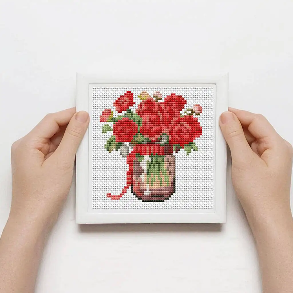 12pcs Rose Cross Stitch Flower Embroidery Needlework Cotton Thread Bedroom Decoration Handmade Gift