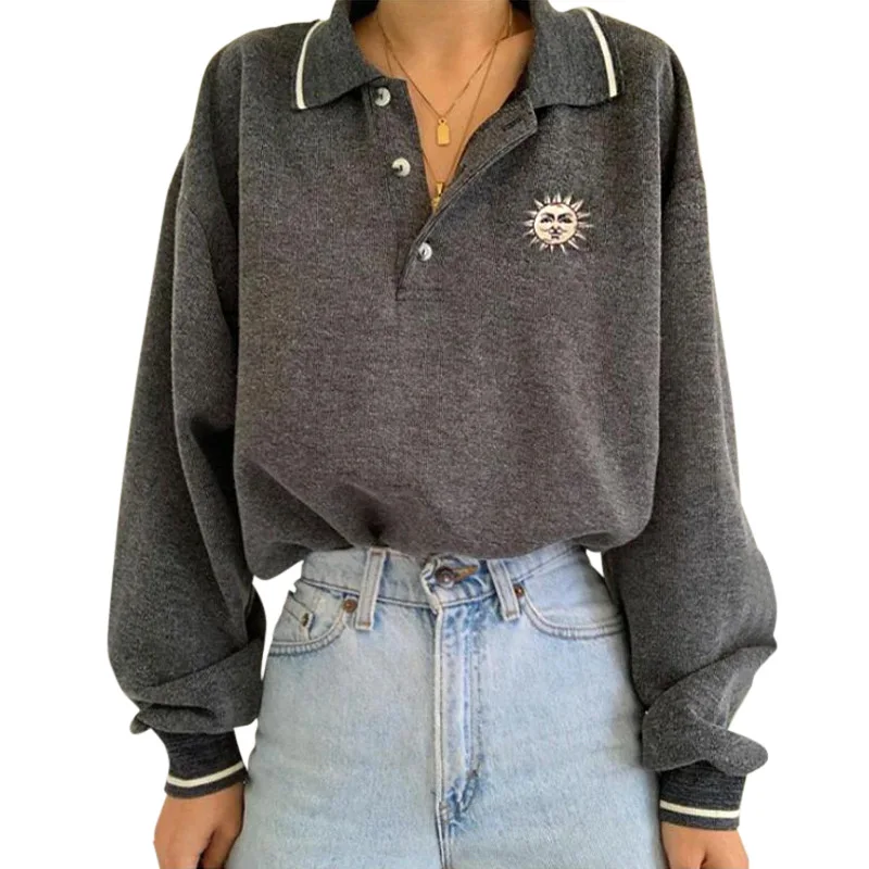Spring Fall Women Lapel Gray Pullover Temperament Long Sleeve Sun Printed Pullover Female Solid Color Korean Hoodies Sweatshirt