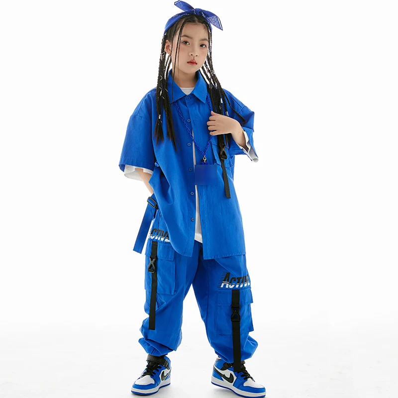 Kids Hip Hop Clothing Blue Loose Short Sleeves Shirt Coat Pants Boys Drum Street Dance Outfit Girls Jazz performance Suit L10894