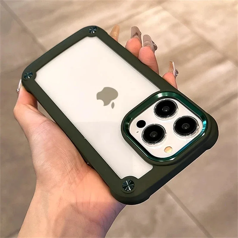 Shockproof Armor Clear Phone Case with Transparent Acrylic and Metal Button Hard Bumper Cover