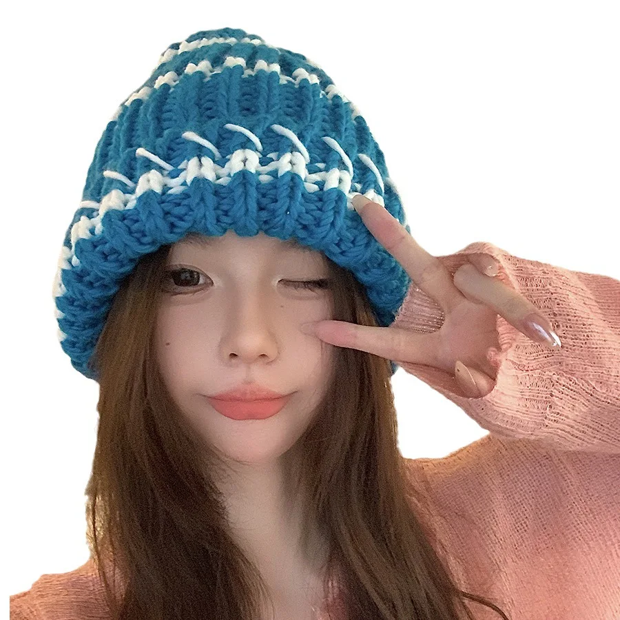 Japanse gestreepte dikke gebreide mutsen hoeden voor dames herfst en winter Veelzijdig showgezicht klein warm retro groot hoofd_voghion.com