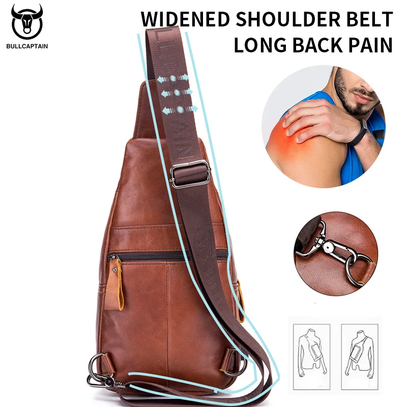 BULLCAPTAIN Leather Men's Chest Pocket One Crossbody Bags With USB Rechargeable Chest Bag Can Be Used For 7.9 Inch IPai Pockets
