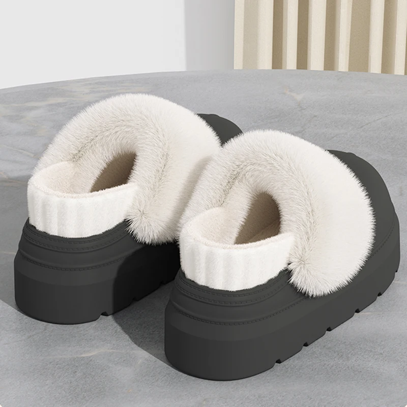 Outdoor Waterproof Cotton Slippers Women Thick Bottom Non Slip Fluffy Home Slippers Woman Comfortable Warm Thicken Plush Slides