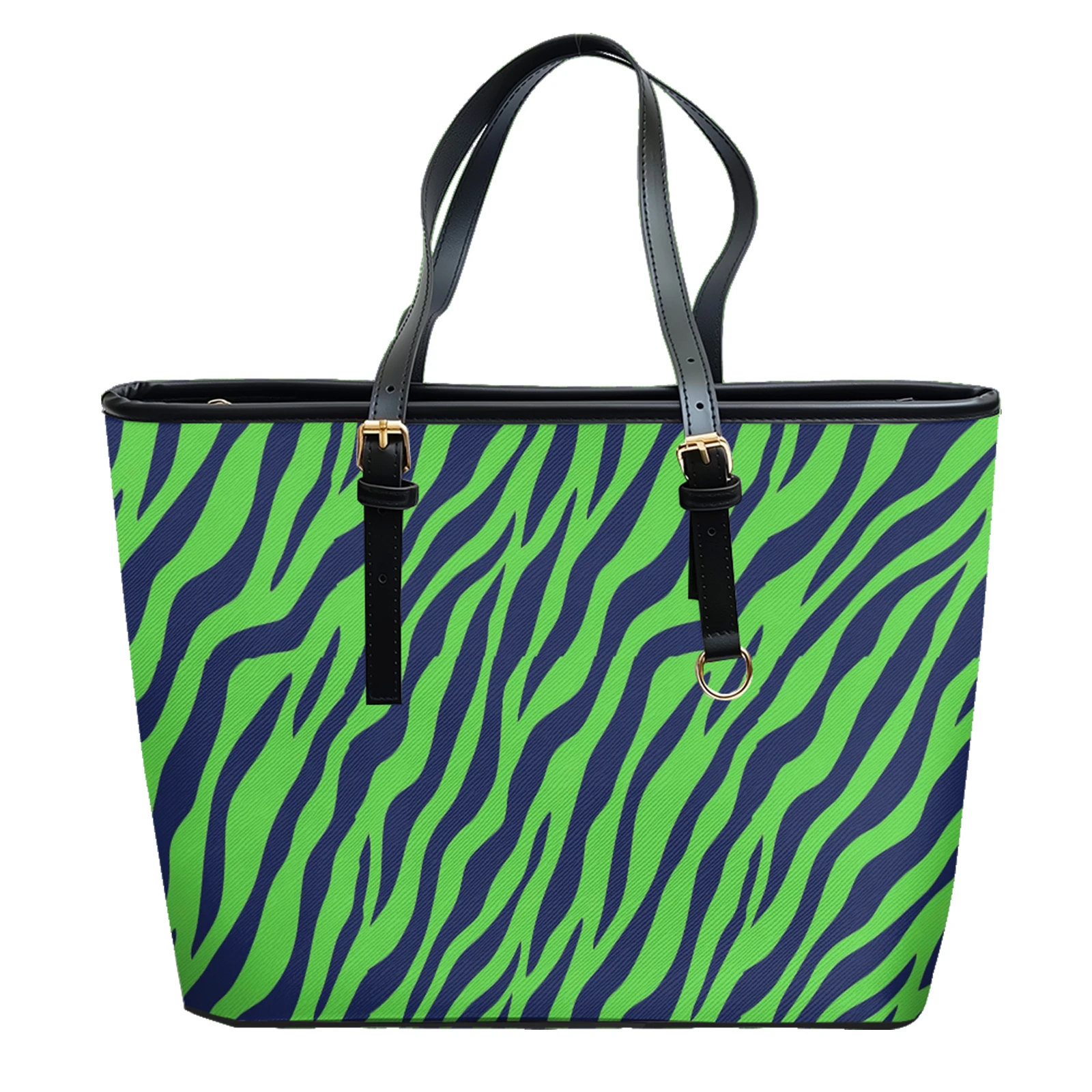 Wave Zebra Stripes Printed Oxford PVC Leather Shoulder Bag Zipper Lightweight Travel Tote Daily Convertible Work Weekend Purse