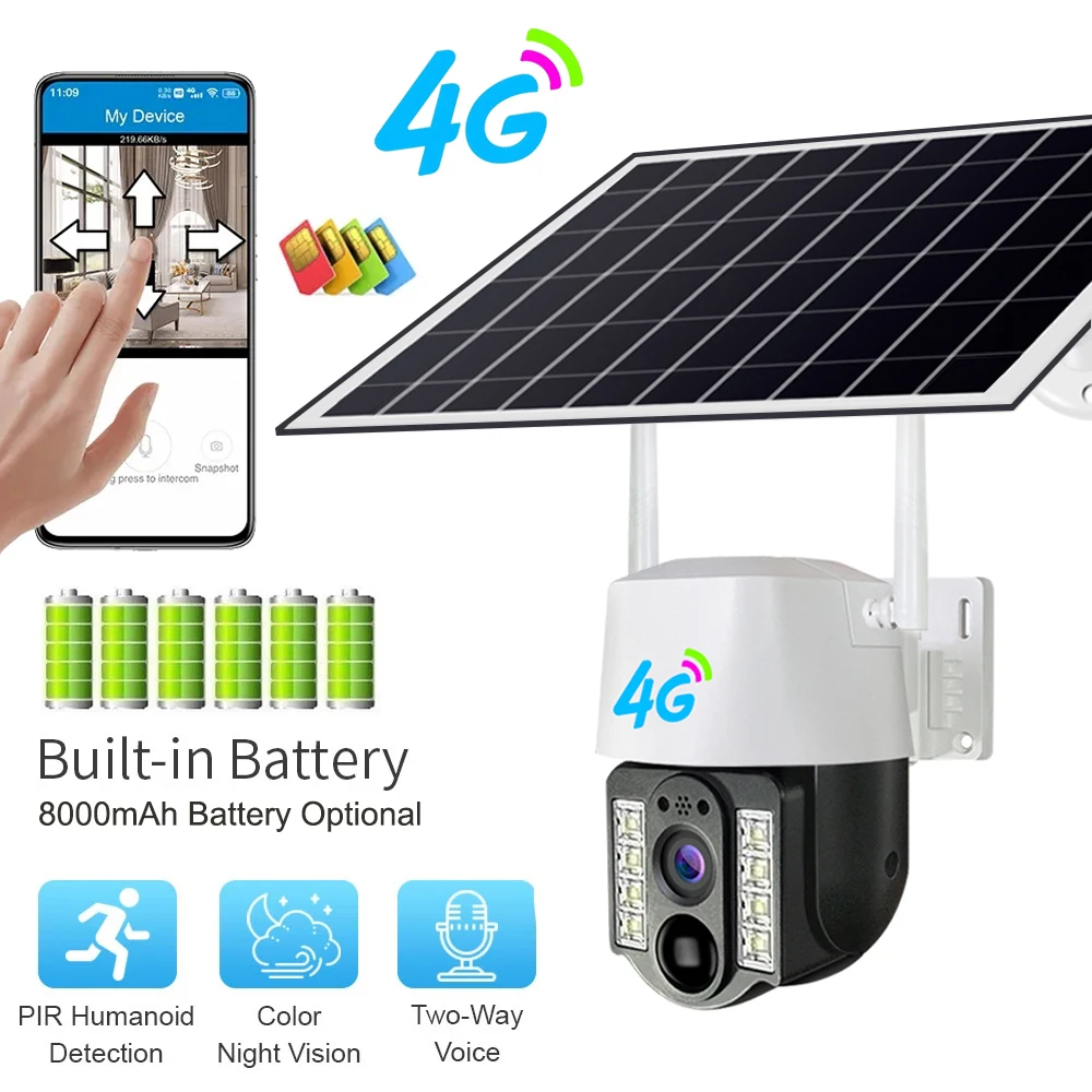 4G Sim Solar IP Camera Outdoor Wireless Low Powered Battery PIR Motion Detection Waterproof CCTV Home Security Protection