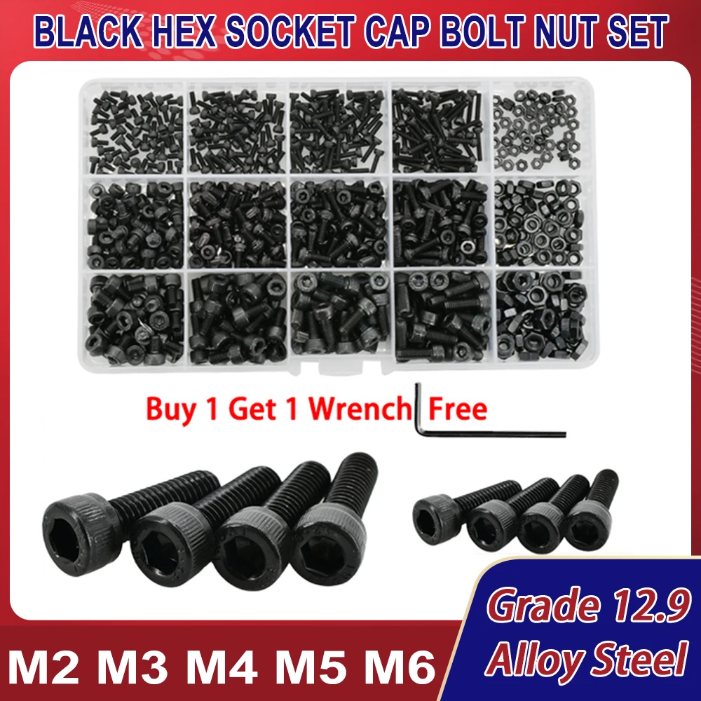 Hex Soquete Cap Parafuso Porca Kit Grau Aço Liga Parafusos de Máquina Scooter Allen Parafusos Preto Métrico m2 m3 m4 m5 m6 Din912 12.9