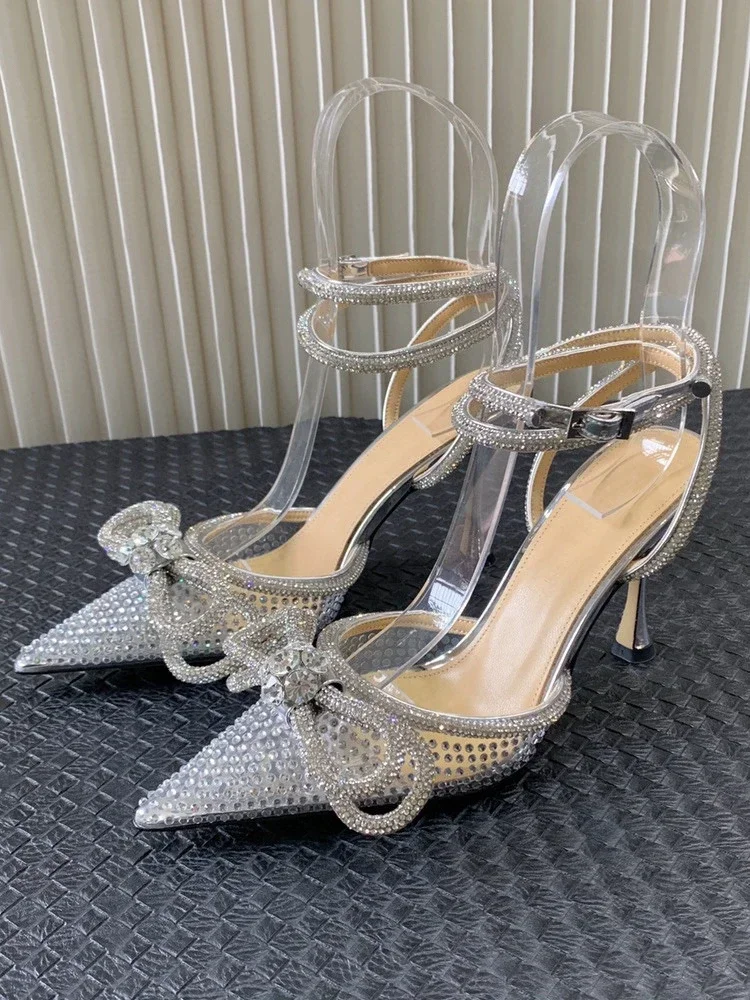 

mach crystal sparkle diamond high heels women's summer 2023 new ankle buckle buckle pointed toe shoes stiletto bow sandals