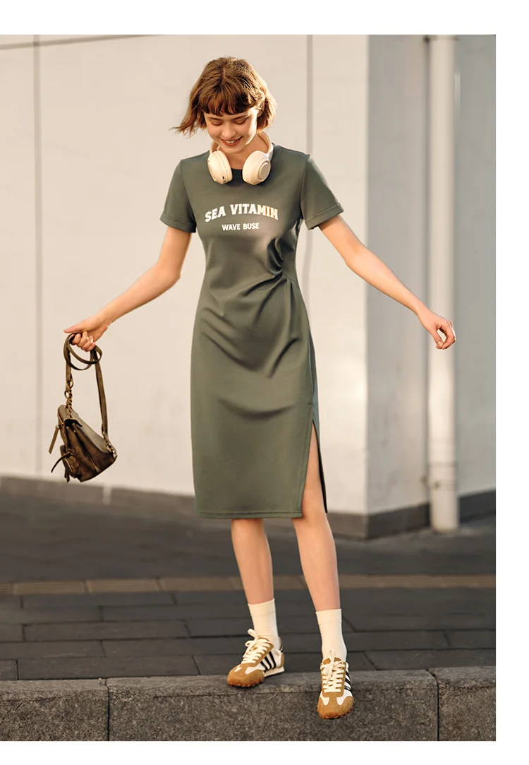 Dress Women Vintage Casual Midi Dress Summer New Letter Print Split T-Shirt Dress