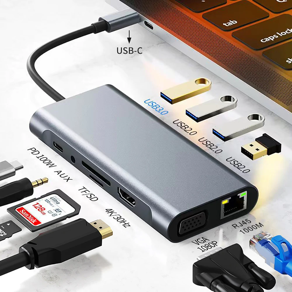 Adaptador Usb tipo c para 4k 11 em Hub Adaptador Compatível com Hdmi Rj45 sd Leitor de Cartão tf Carregamento Rápido pd para Notebook Laptop Computador