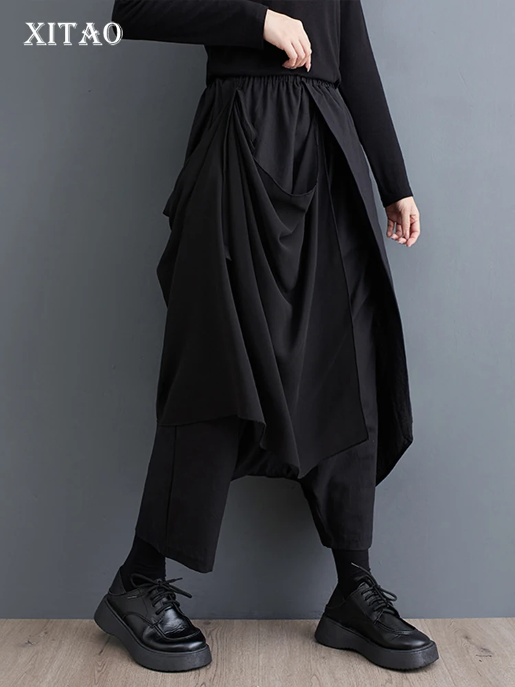 

XITAO Black Women Pants Asymmetrical Folds Patchwork Loose Personality 2023 Autumn New Street Trendy Casual Cross Pants HQQ1551