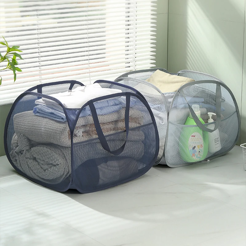 

Folding Laundry Basket Organizer For Dirty Clothes Bathroom Clothes Mesh Storage Bag Household Wall Hanging Basket Frame Bucket