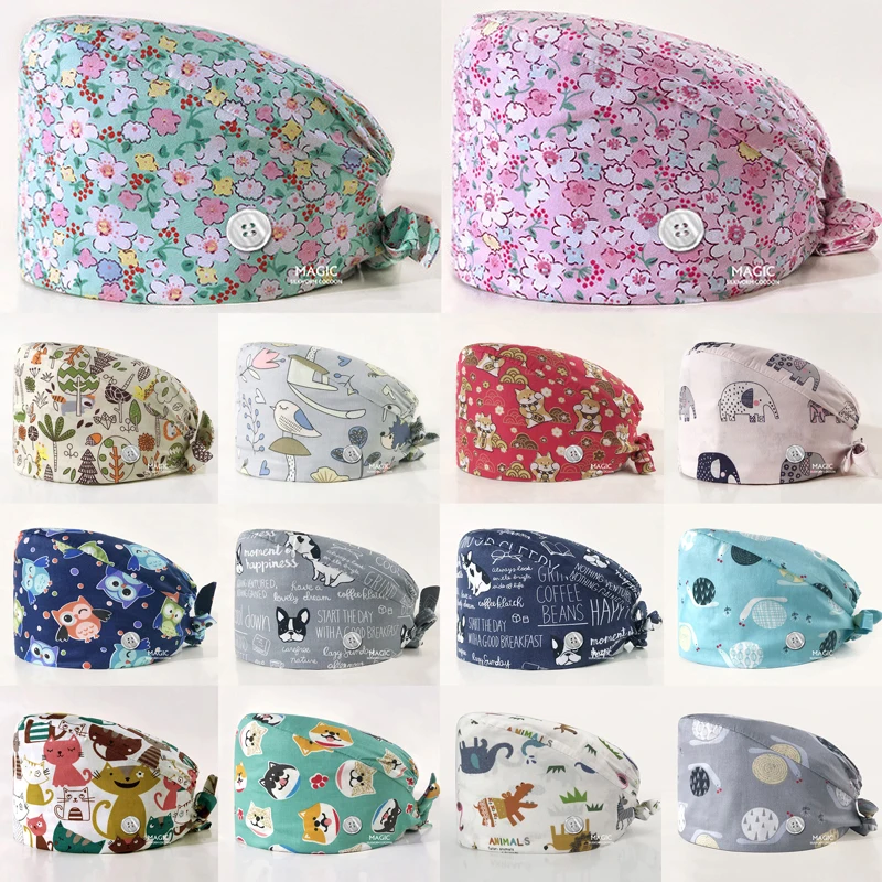 

99Styles Elastic Nurse Hat Adjustable Surgical Hat Cotton Oil-proof Dust-proof Hair Cover Print Bouffant