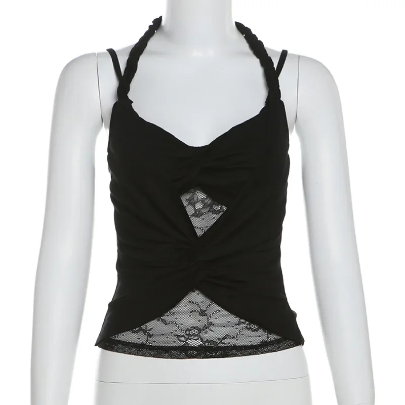 Mesh Spitze y2k Tops V-Ausschnitt Crop Tops Mode lässig Ropa de Mujer solide sexy schlanke kurze Streetwear ärmellose Frauen kleider – Detail 13