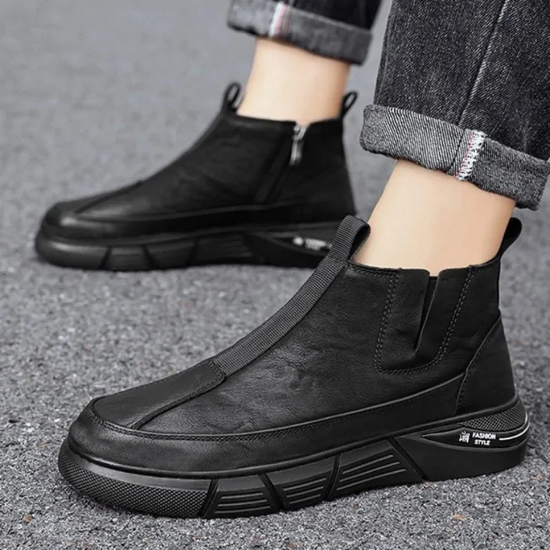 Men Sneakers Leather Shoes High-top Boots Anti-slip Wear-resistant Waterproof Motorcycle Men Safety Boot Chelsea Bota Masculina - 4