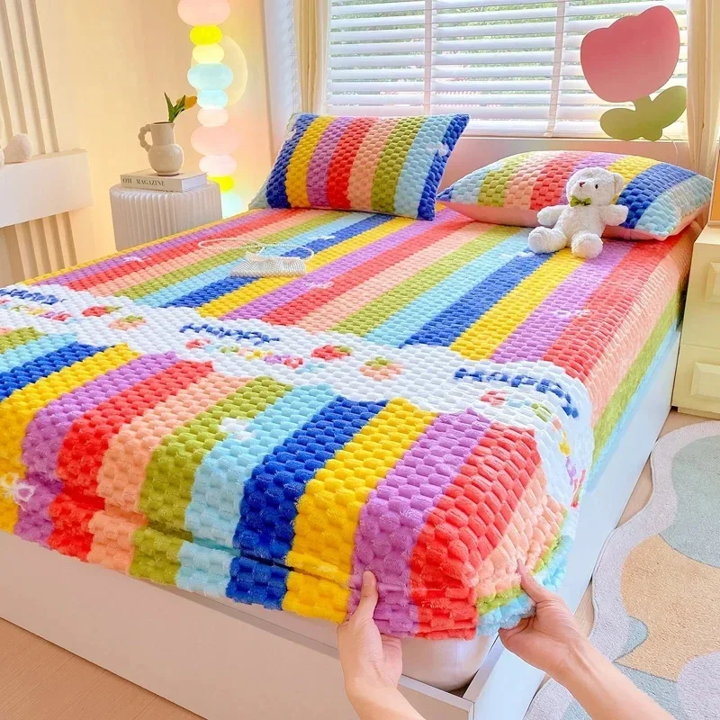 cartoon thickened bean fleece mattress printing winter warm fleece thickened protective cover brown cushion cover bedding