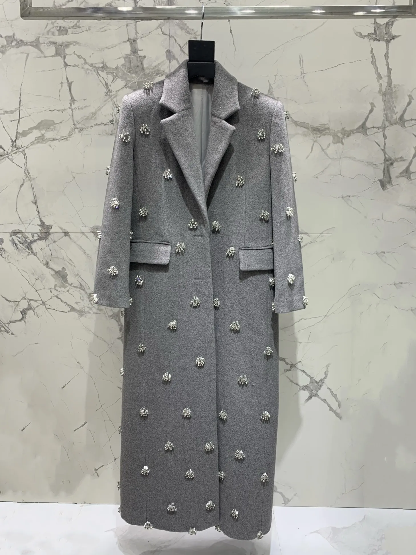 

Women's gray haute couture wool heavy beaded coat autumn and winter new style0307